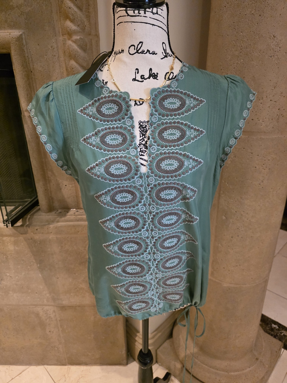 BCBGMaxAzria Teal Embroidered Split-Neck Blouse